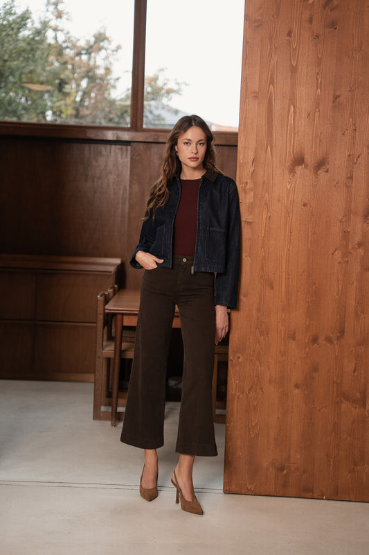 Ellen chocolate brown wide leg flare cropped jeans