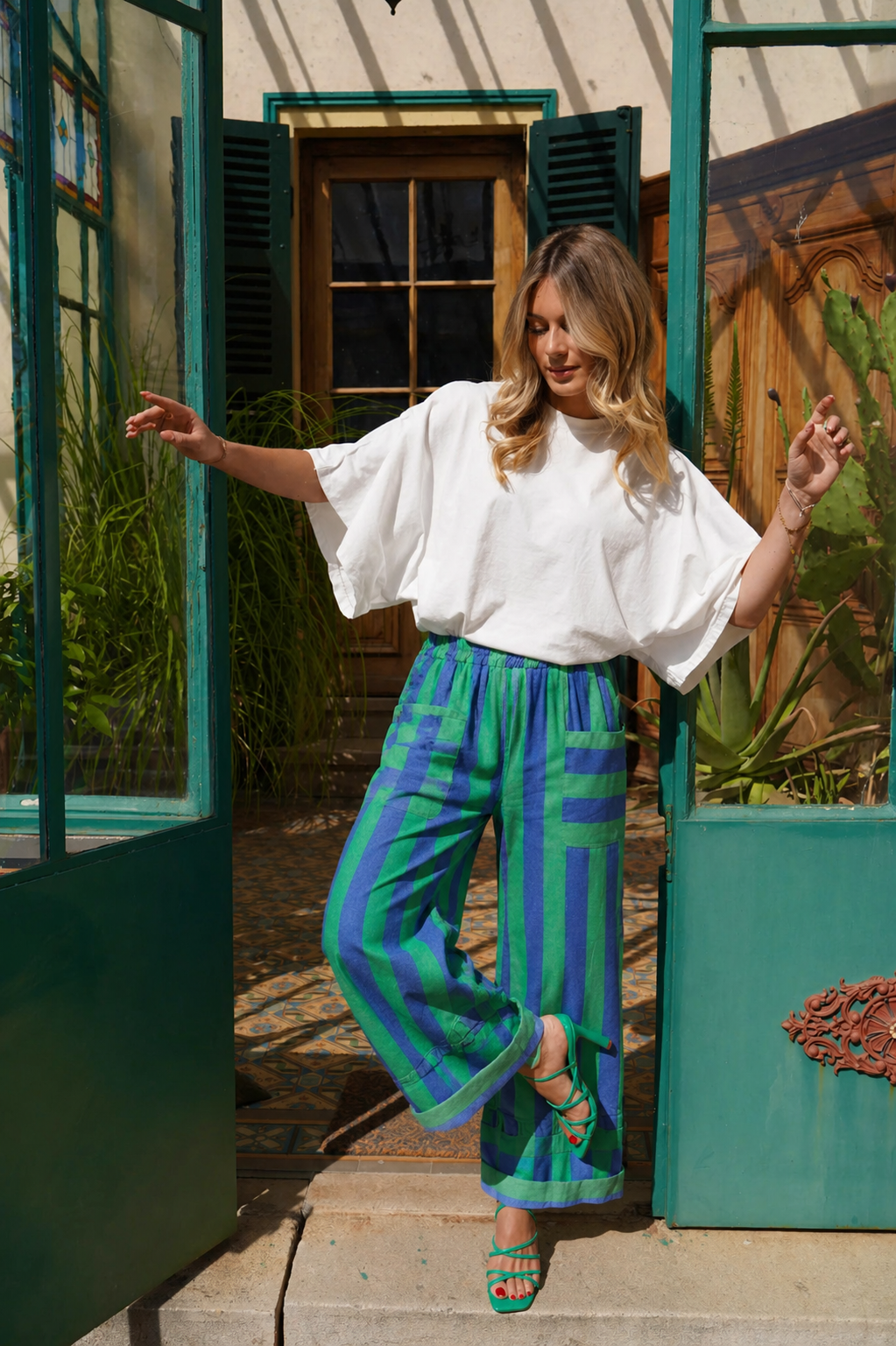 Eden blue and green stripe trousers