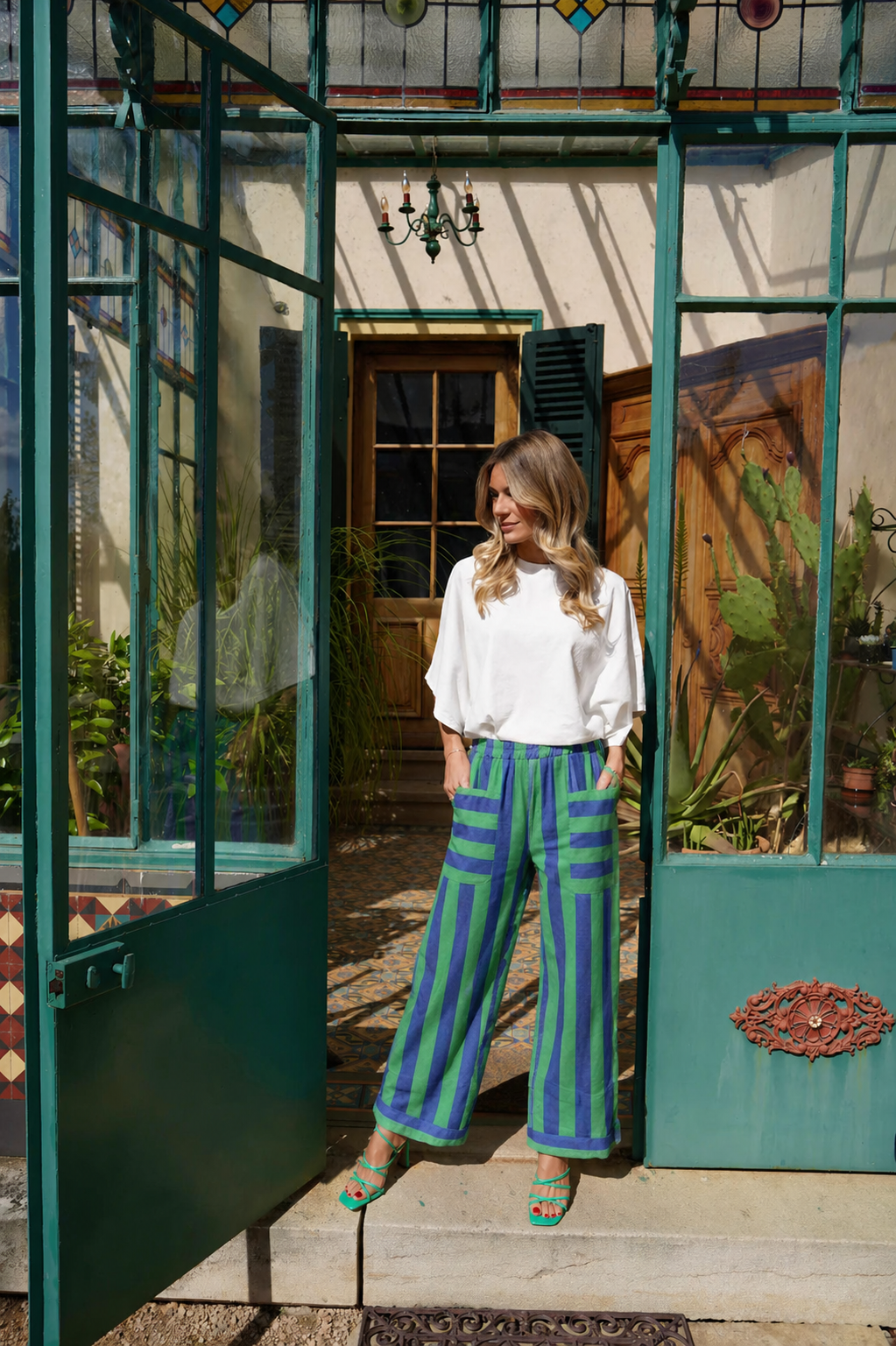 Eden blue and green stripe trousers