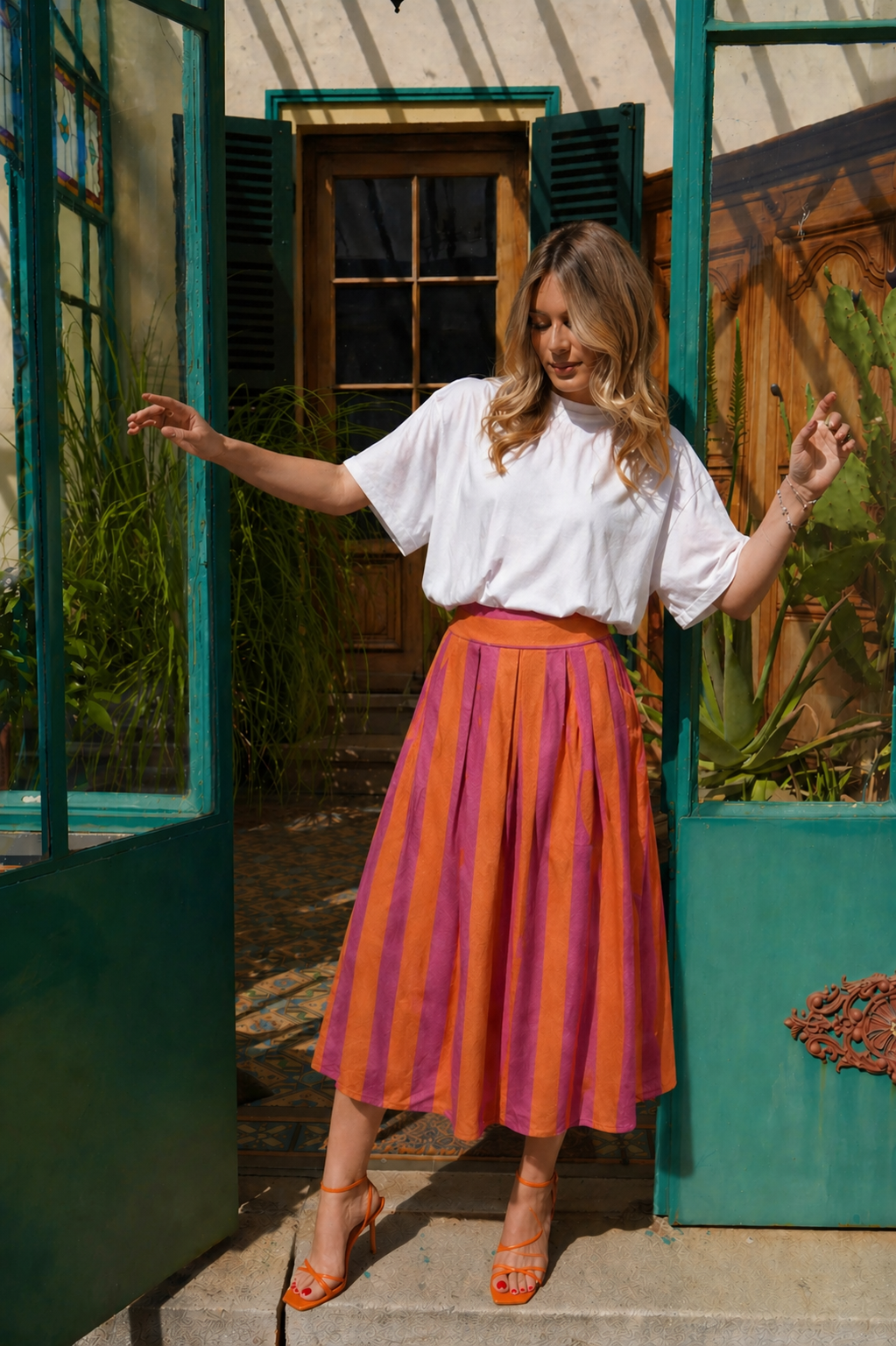 Eden pink and orange stripe skirt