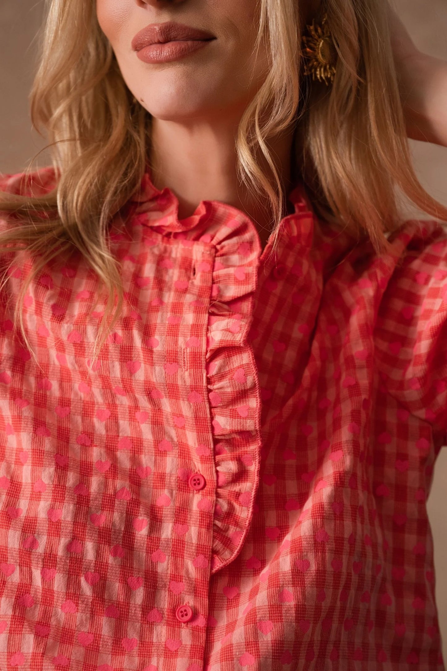 Etta coral gingham heart blouse