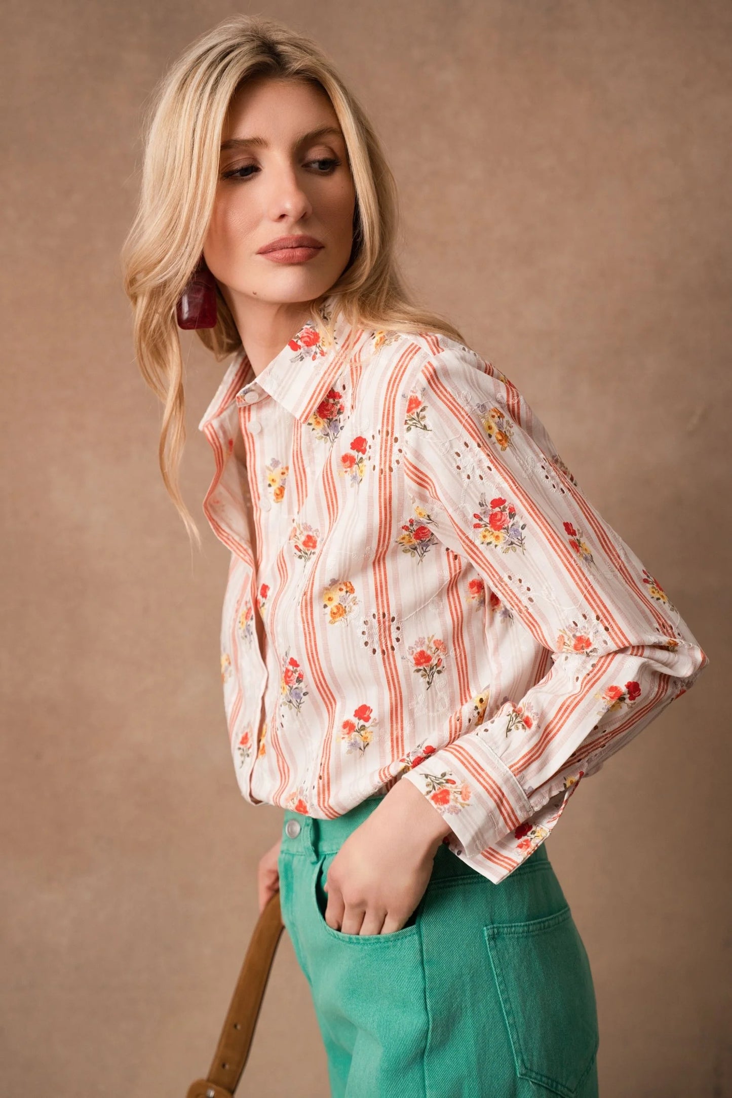 Delphine orange floral embroidered shirt