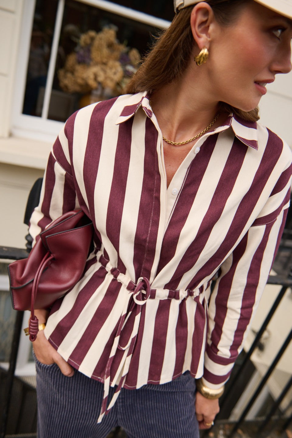 Suzy striped burgundy tie stripe over shirt
