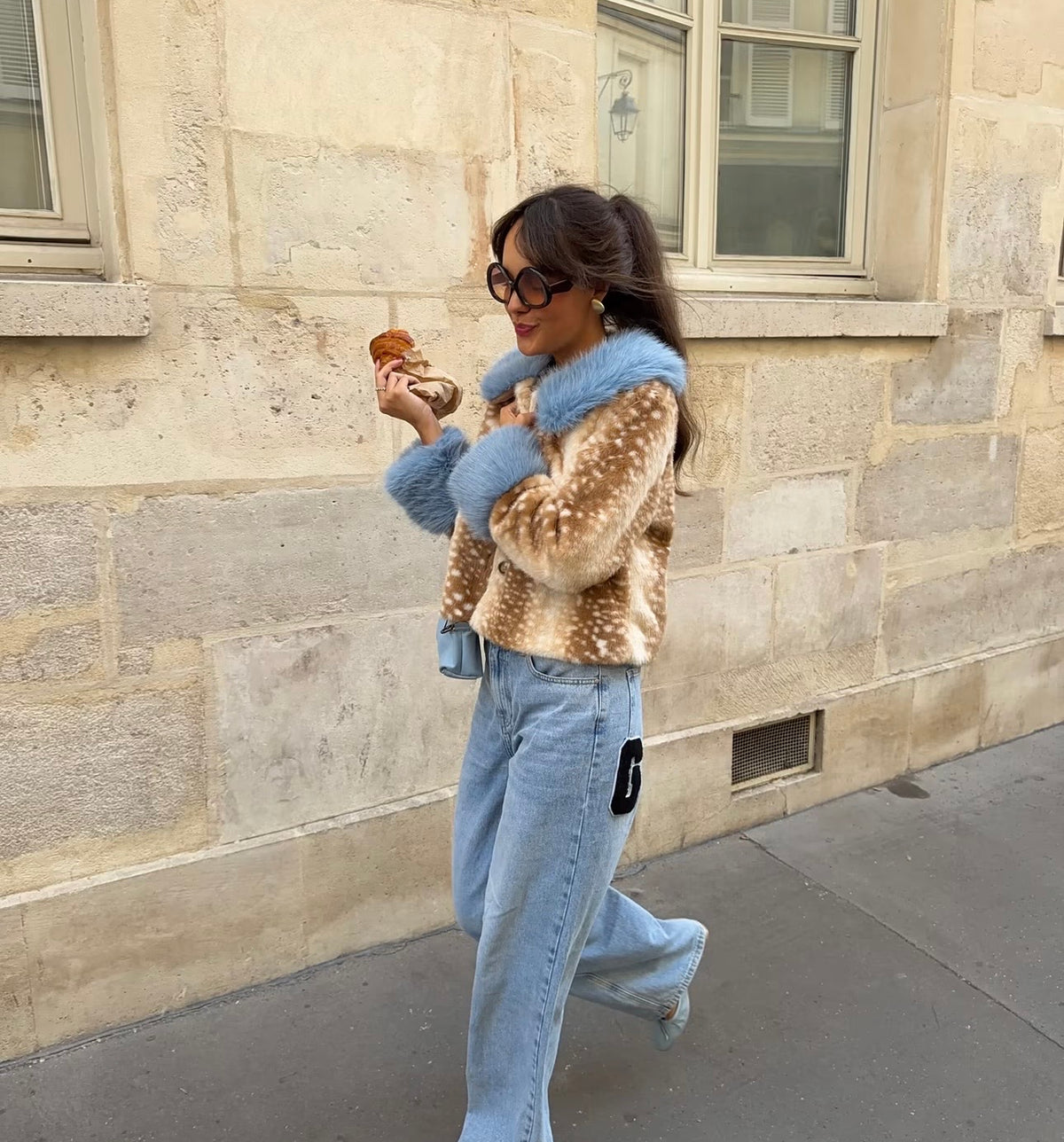 Faith deer print blue fur collar jacket
