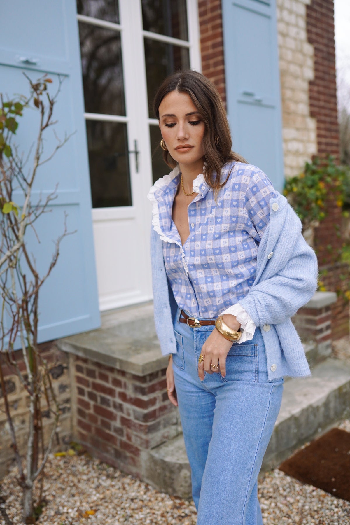 Naomi blue check heart print blouse