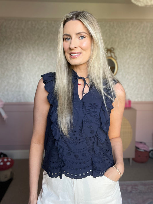 YAS navy sleeveless embroidered blouse