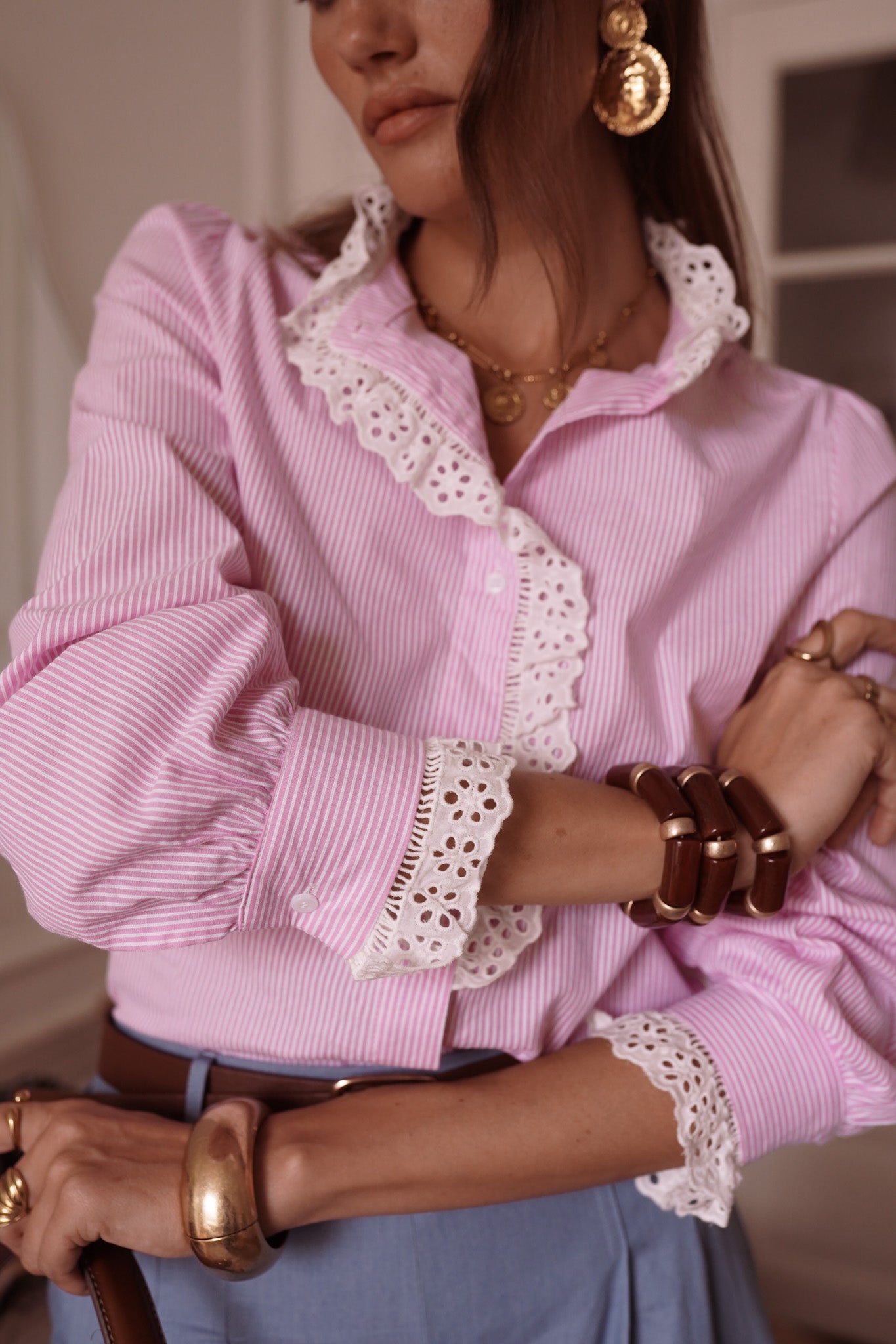 Margot pink stripe lace ruffle blouse