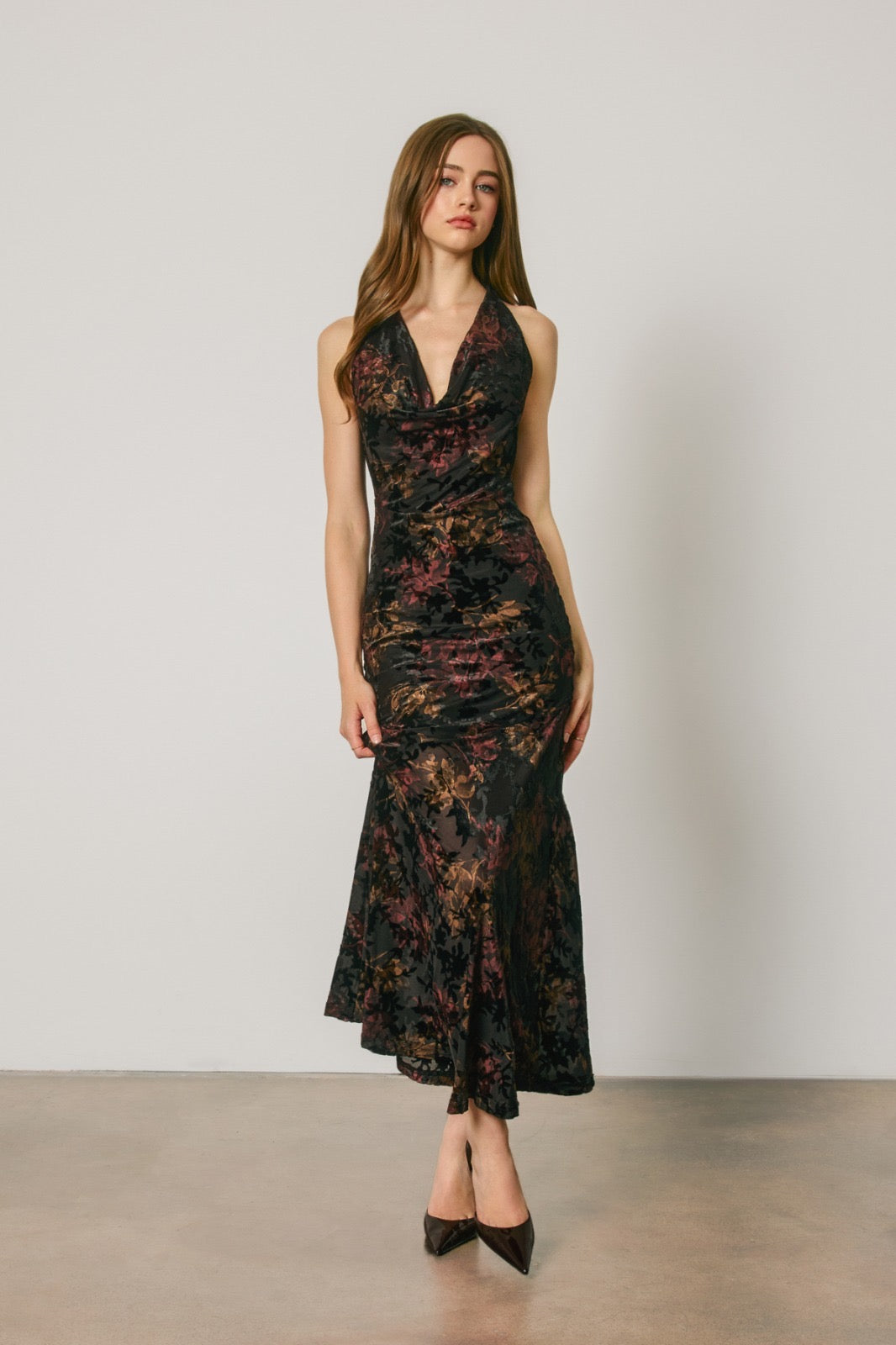 Alexandra black velvet halter neck dress