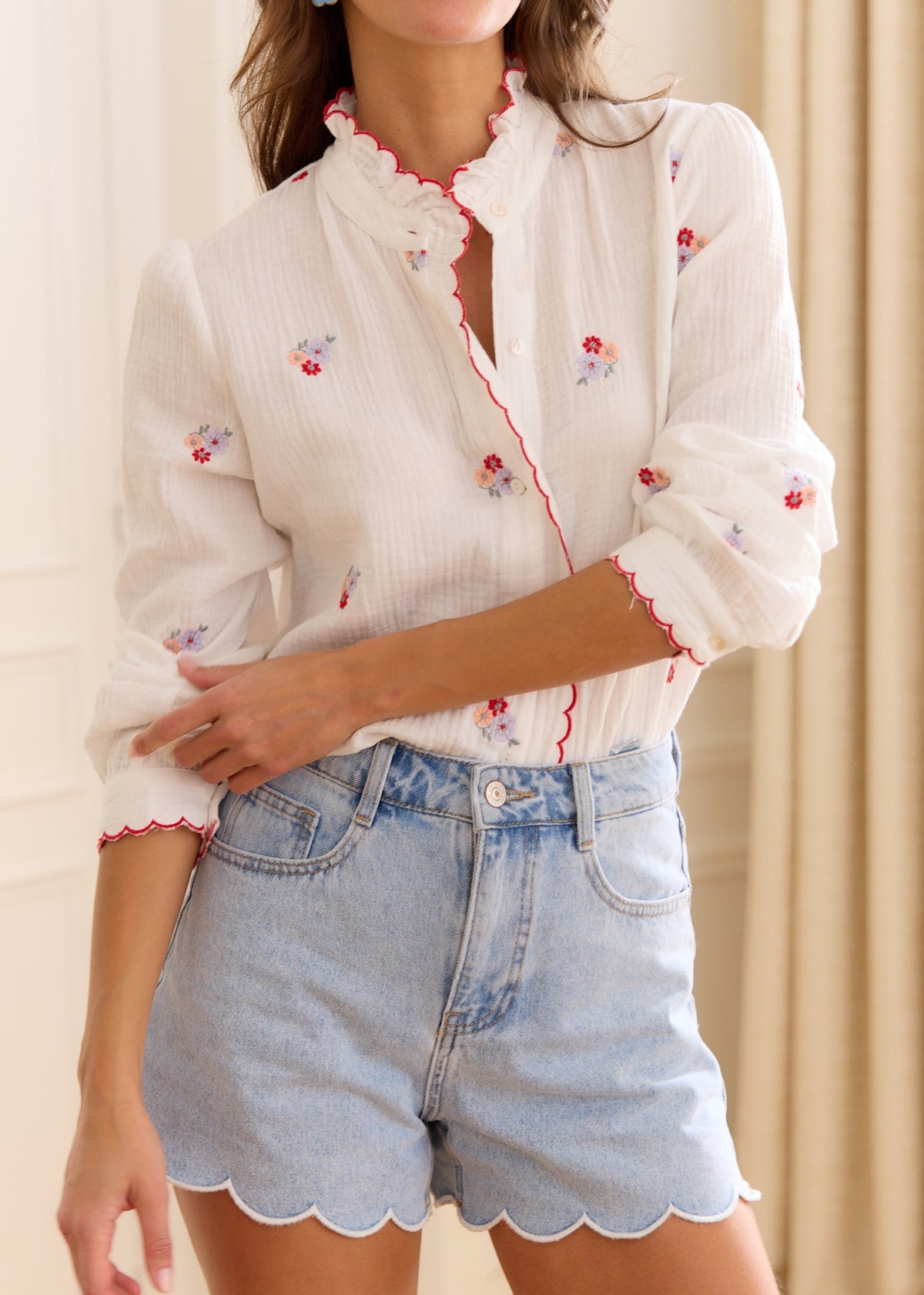 Chloe floral embroidered trim blouse