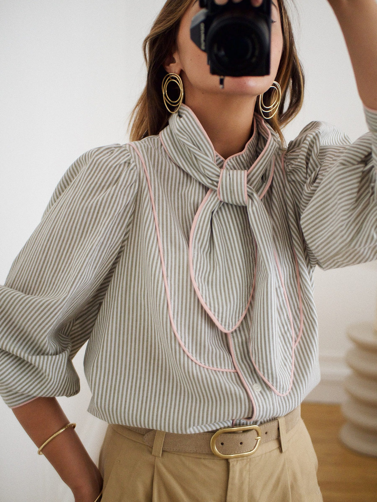 Erica green stripe pink trim blouse