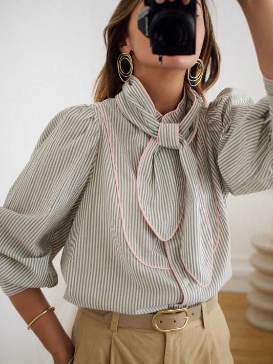 Erica green stripe pink trim blouse
