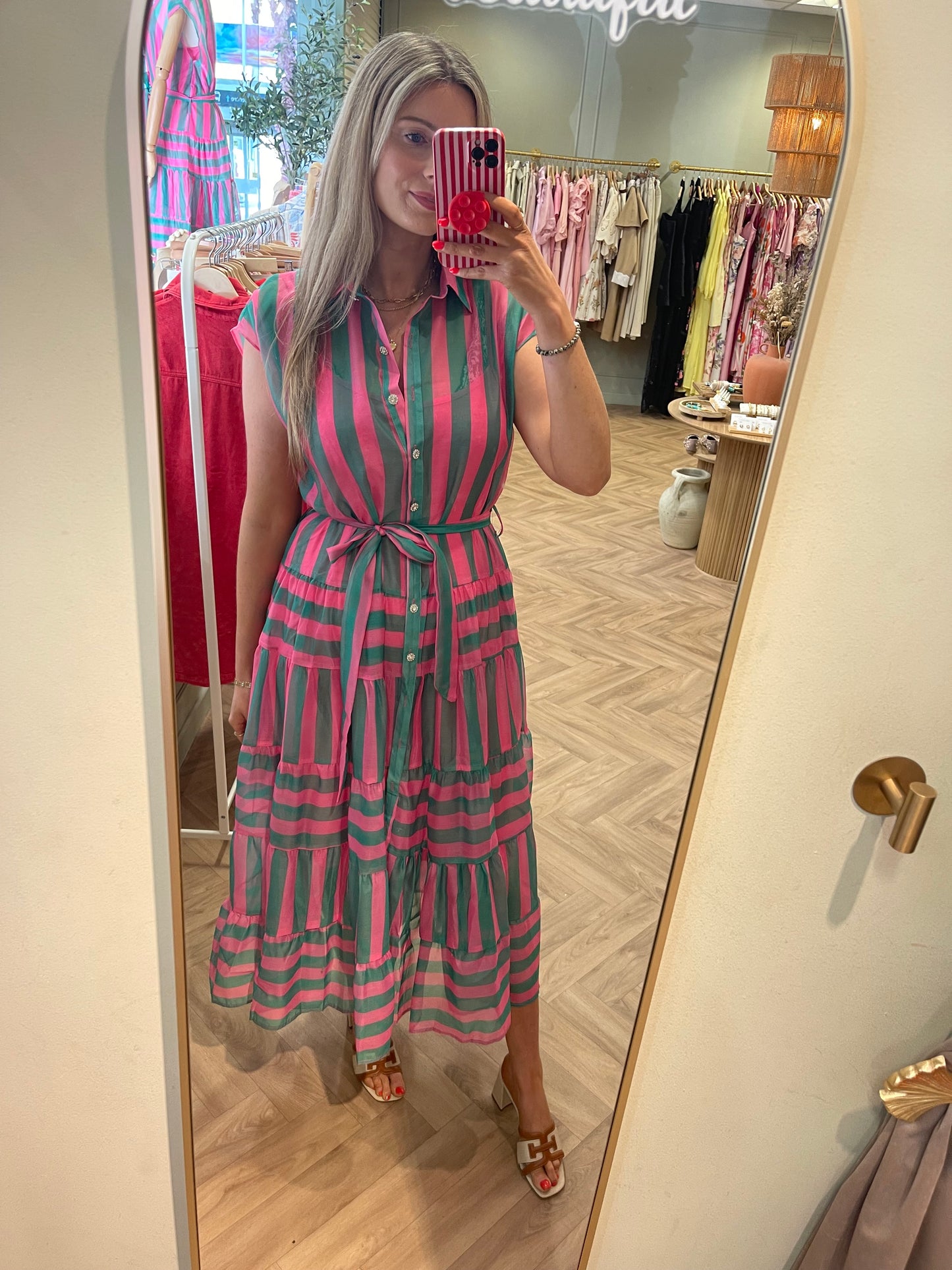 Sandra pink & green striped long dress