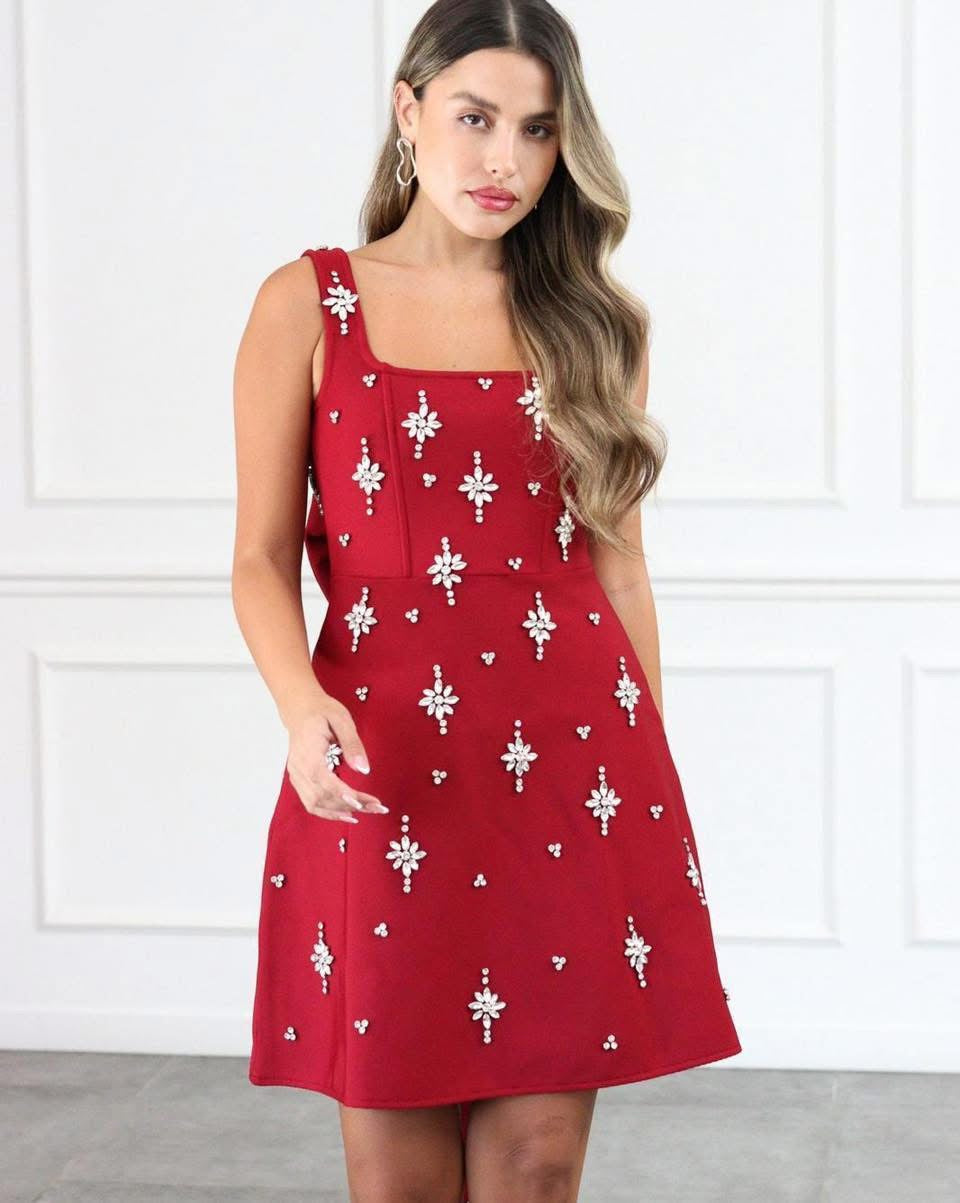 Eve red embellished bow dress
