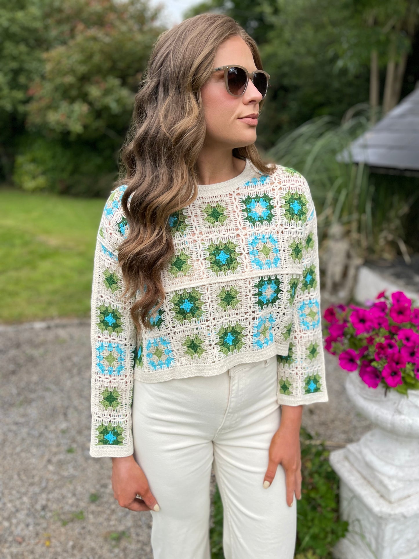 Flora green cropped crochet jumper