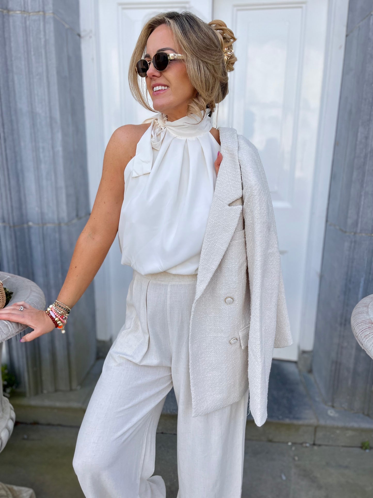 Justine bow neck cream top