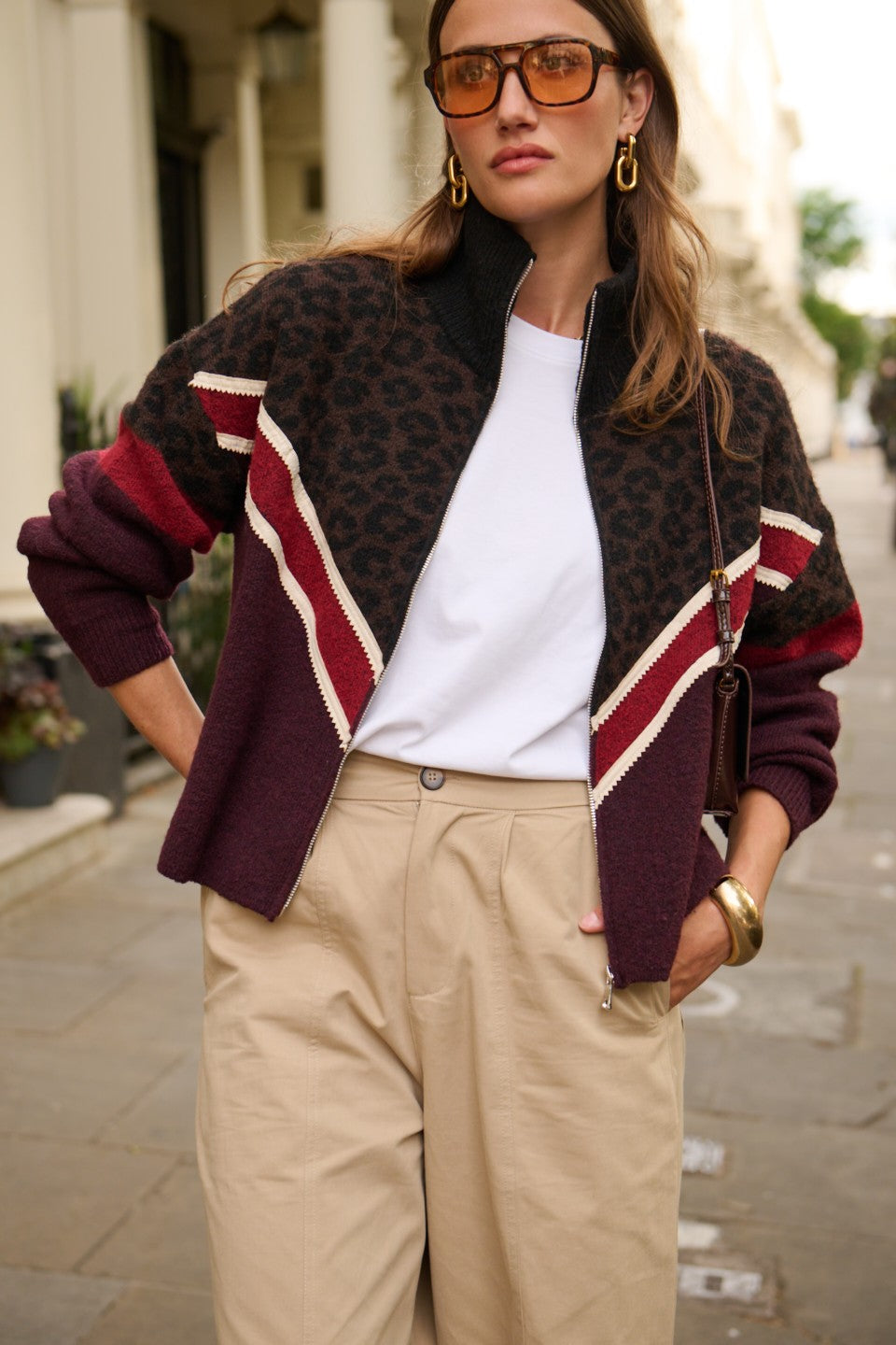 Sadie leopard and burgundy zip cardigan