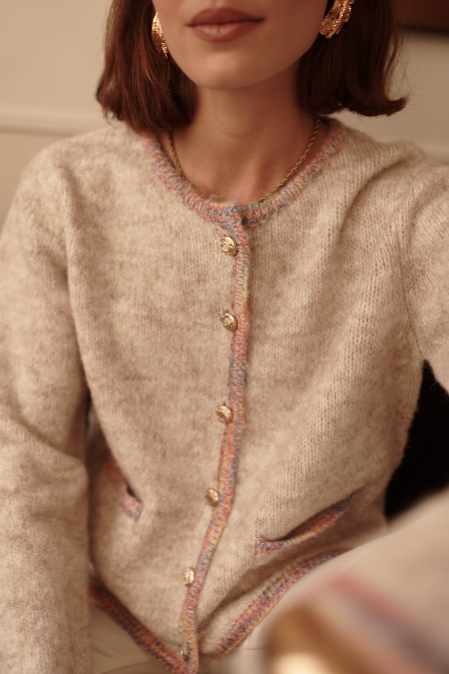 Tilly beige rainbow trim cardigan