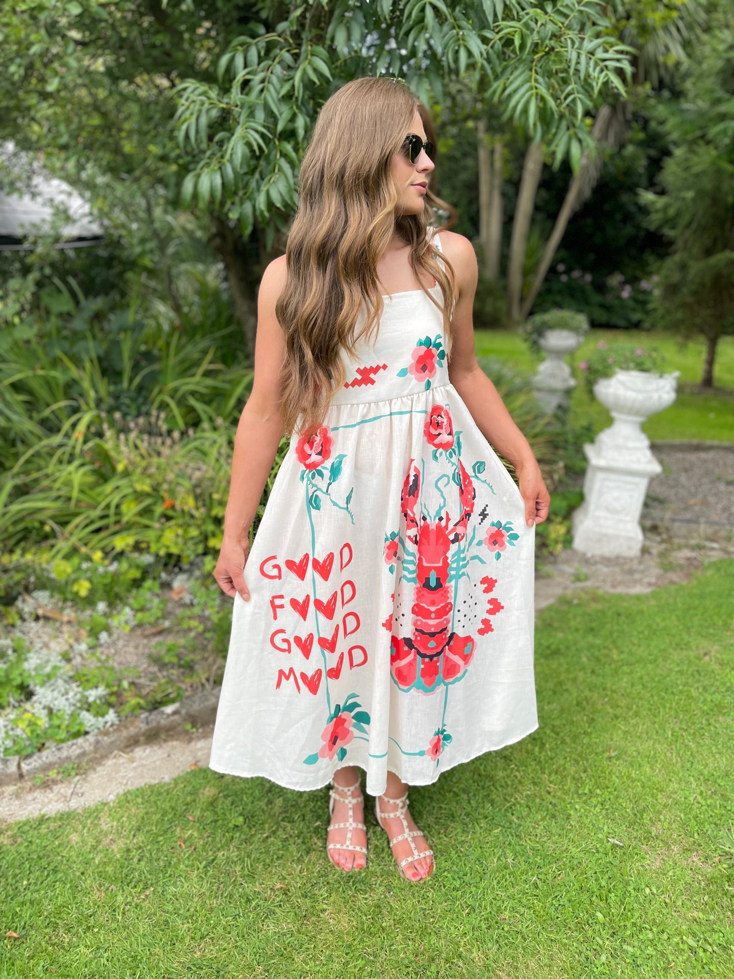 Good food good mood linen strappy dress