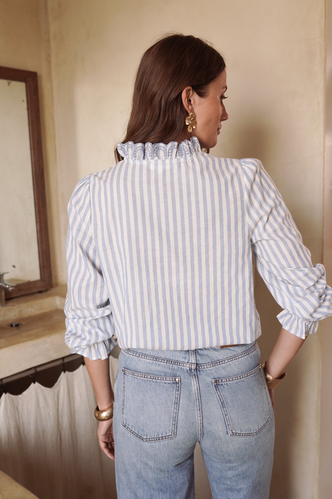 Rosalie pale blue stripe ruffle blouse