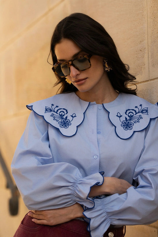 Rose Peter Pan blue embroidered blouse