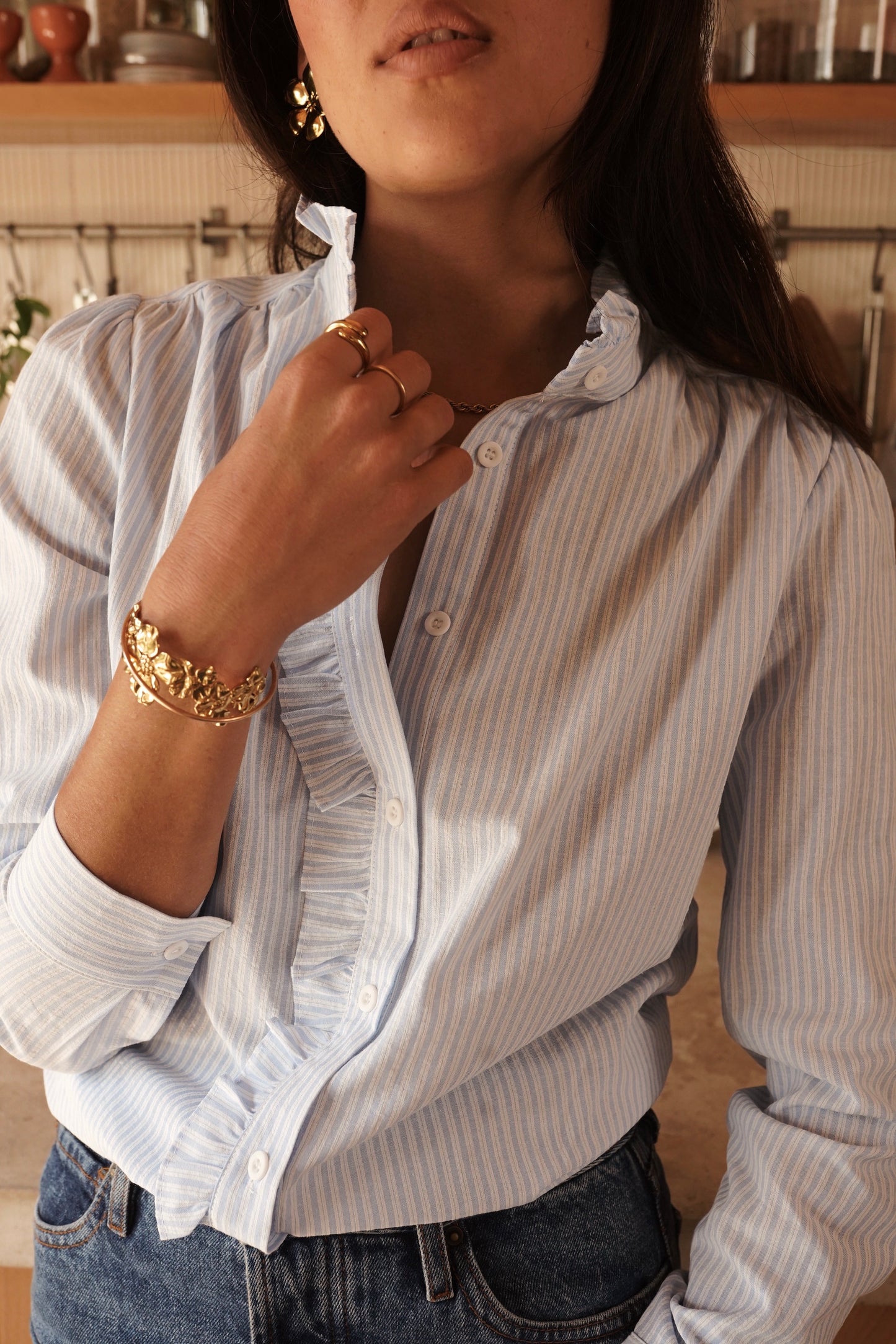 Celeste blue striped frill collar shirt