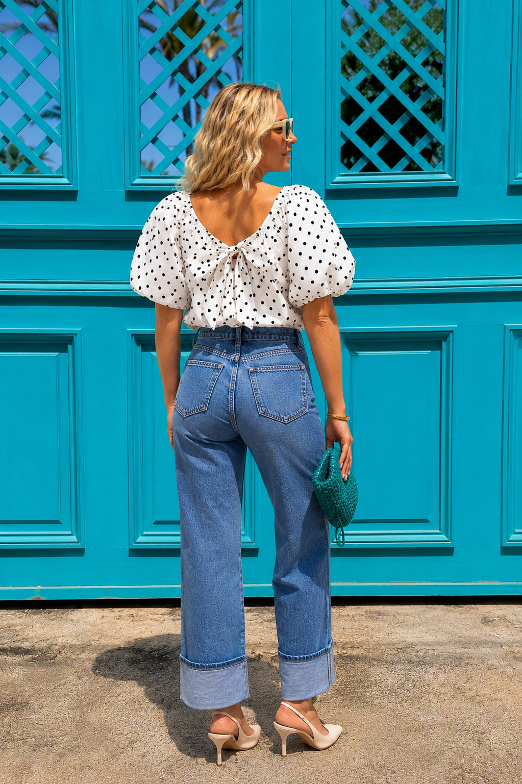 Kayla white polka dot bow back top