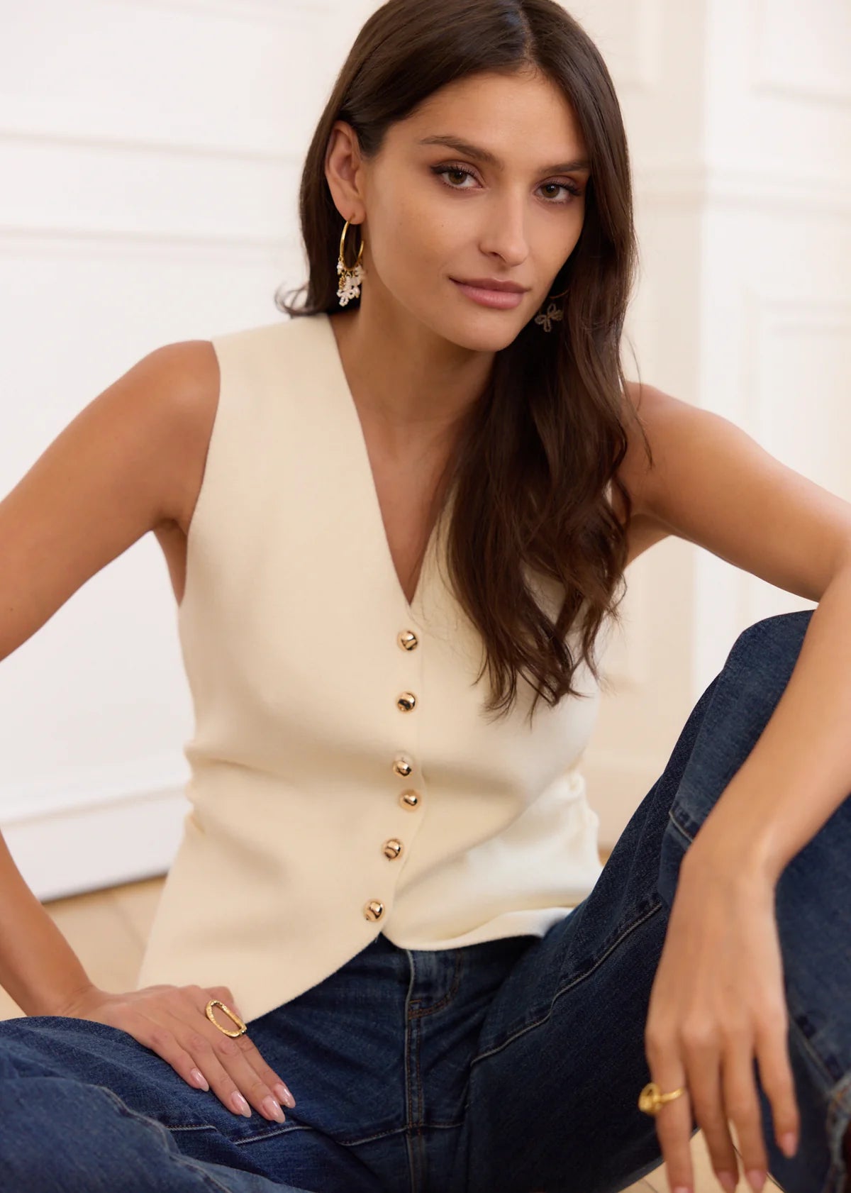 Lottie cream knitted waistcoat gold buttons