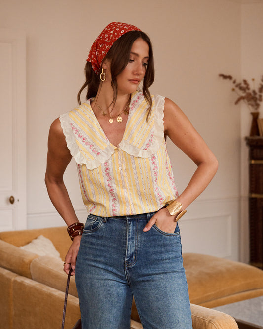 Martine yellow floral Peter Pan sleeveless blouse