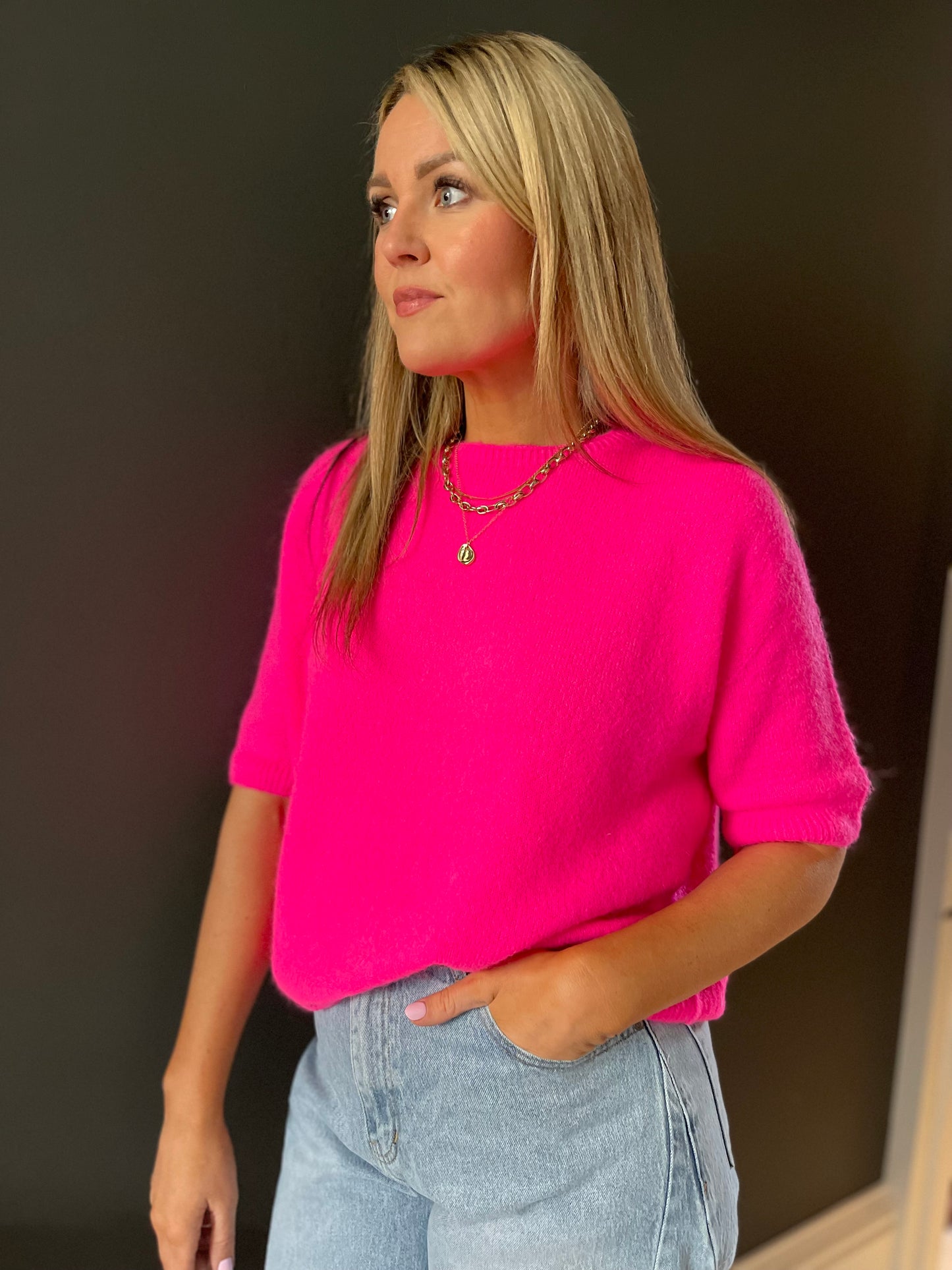 Preorder Lottie neon pink short sleeve alpaca jumper