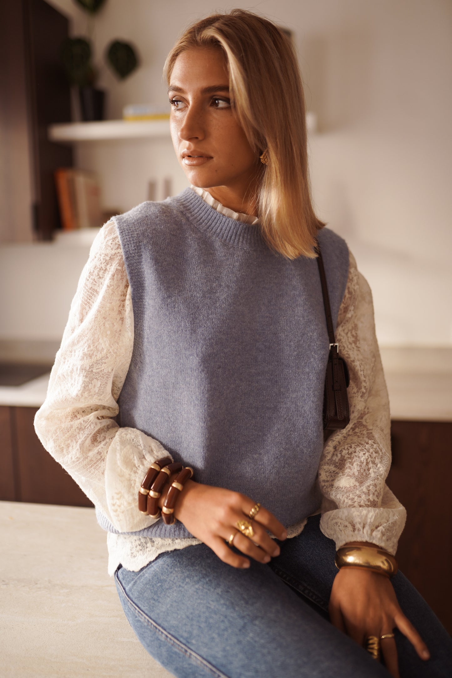 Penelope blue knit gilet & blouse set