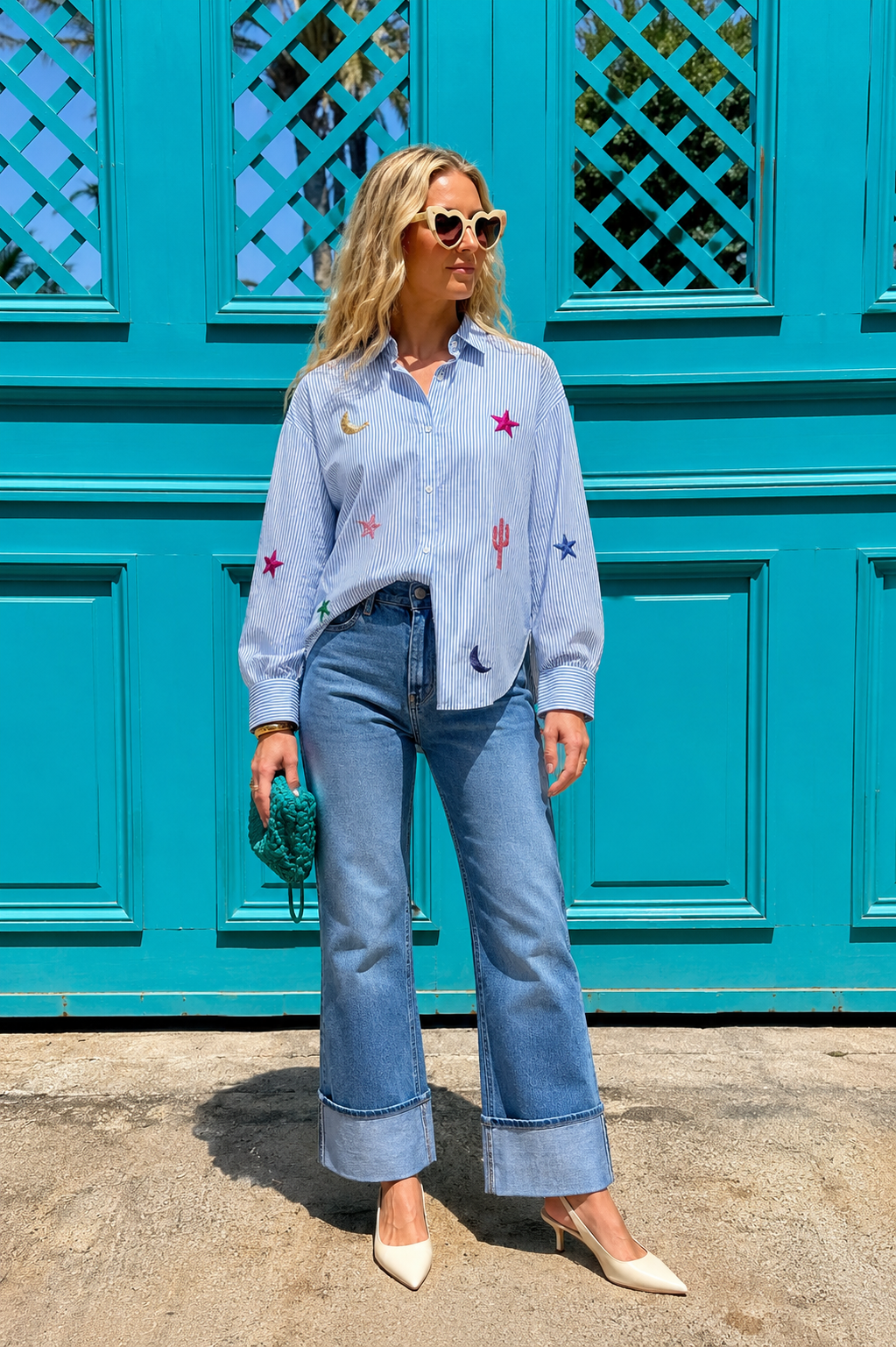 Katy blue stripe sequin motif shirt