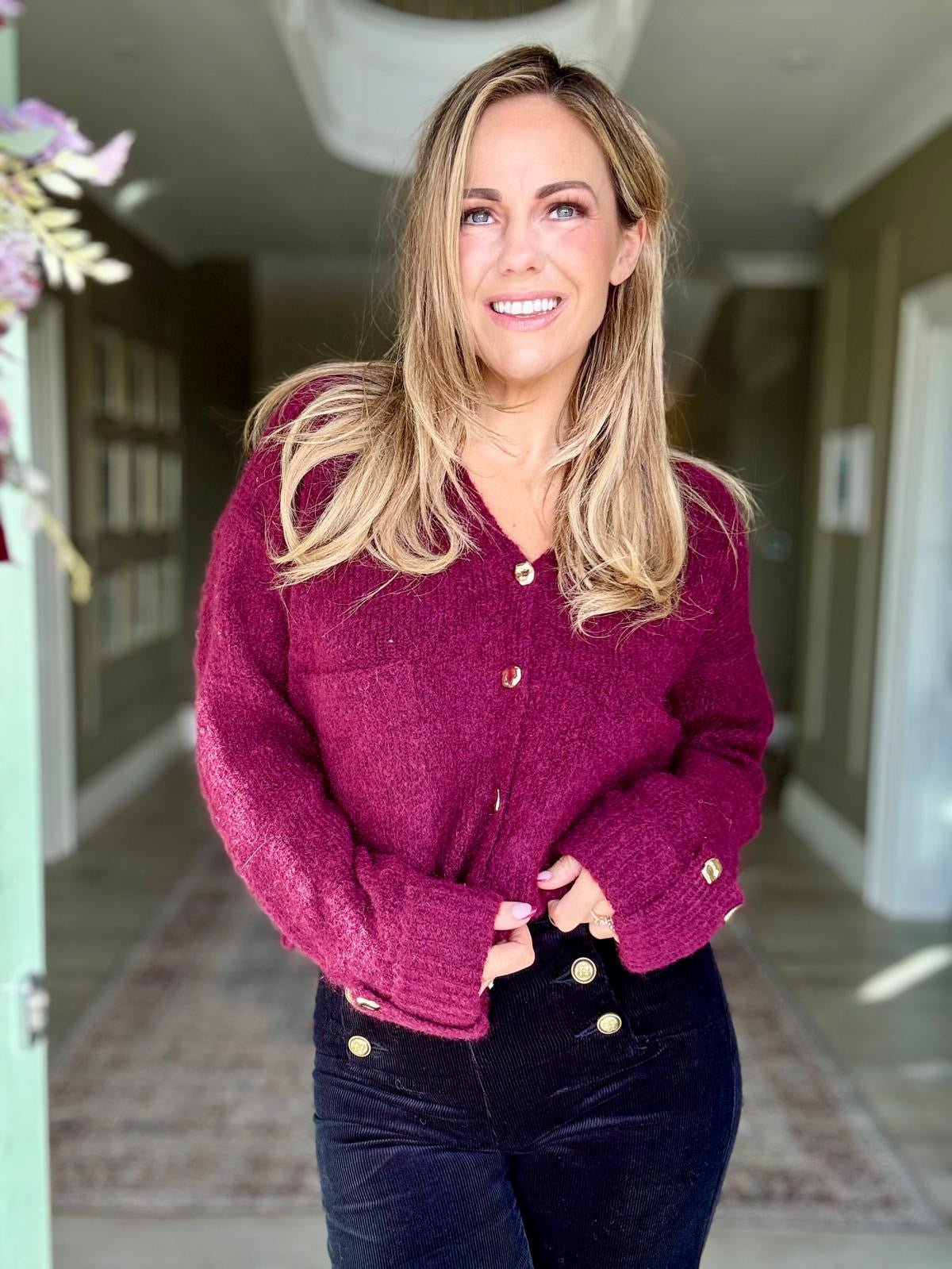 Isla burgundy gold button cardigan