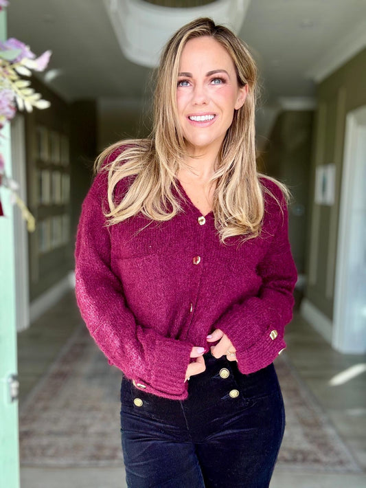 Isla burgundy gold button cardigan