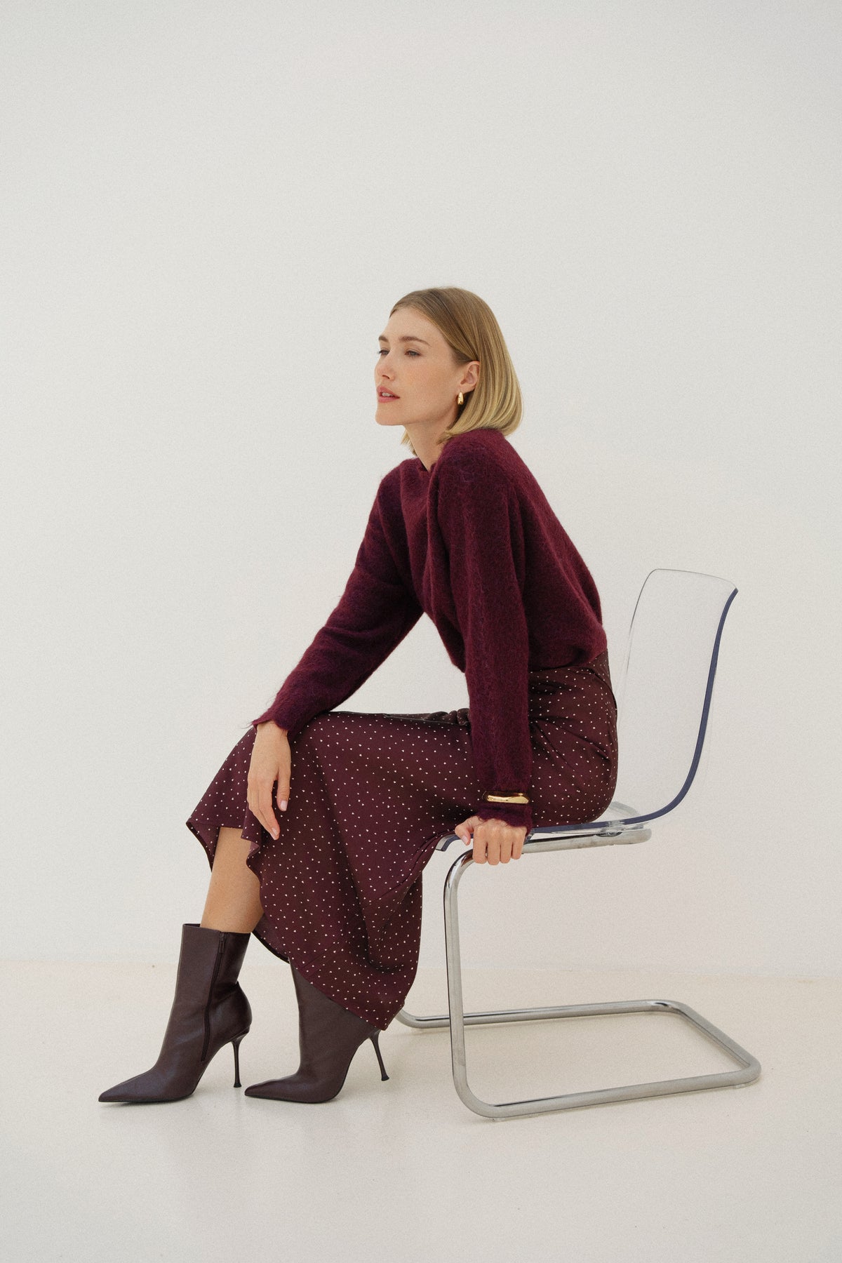 Maria burgundy polka dot satin skirt