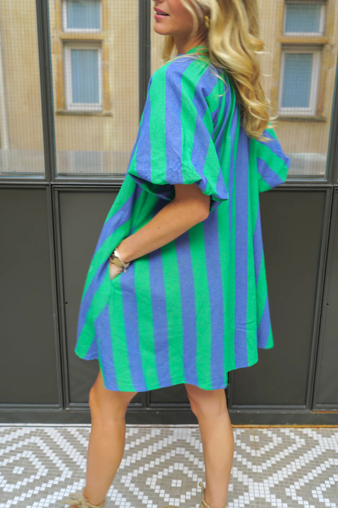 Eden blue and green stripe balloon sleeve dress