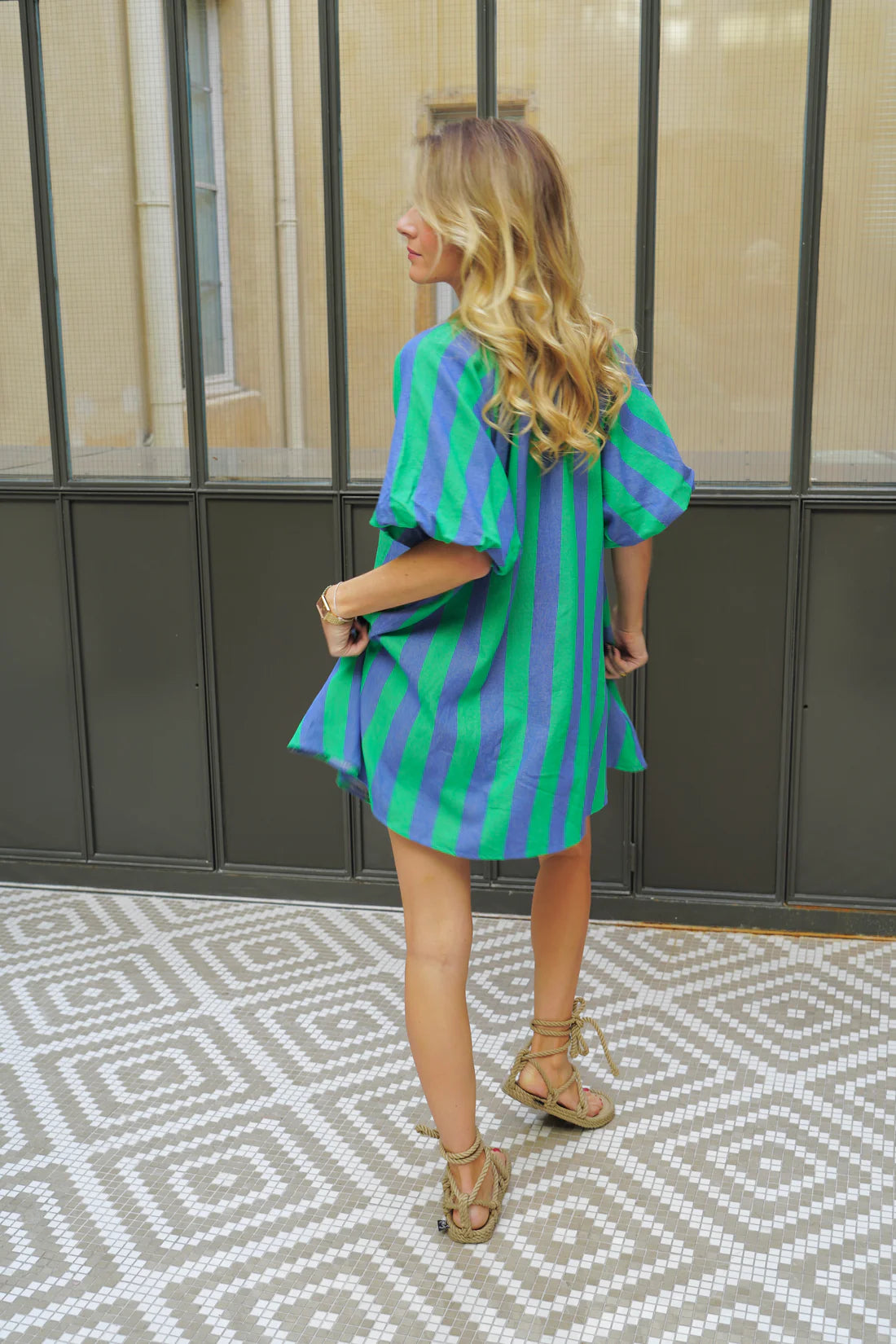 Eden blue and green stripe balloon sleeve dress