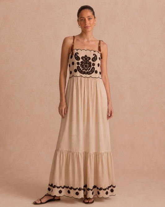 Ivy beige linen embroidered long summer dress
