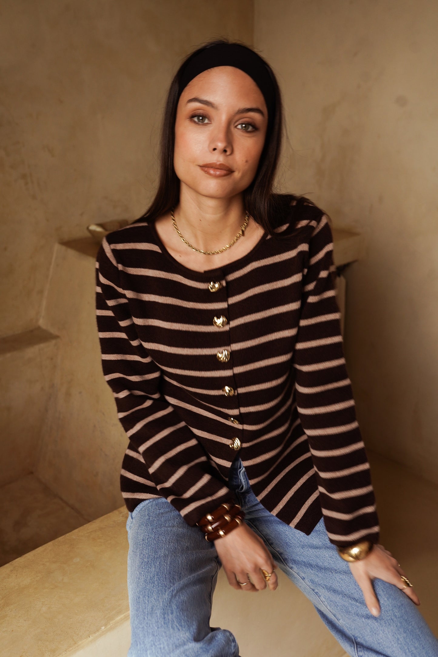 Kylie brown striped gold button cardigan