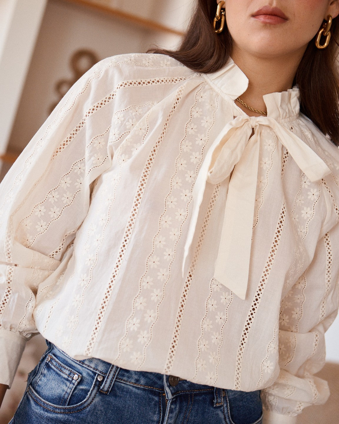 Amelia beige embroidered bow blouse