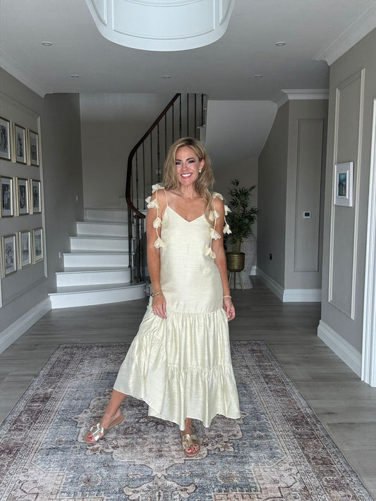 Ella butter yellow decorative floral strap dress