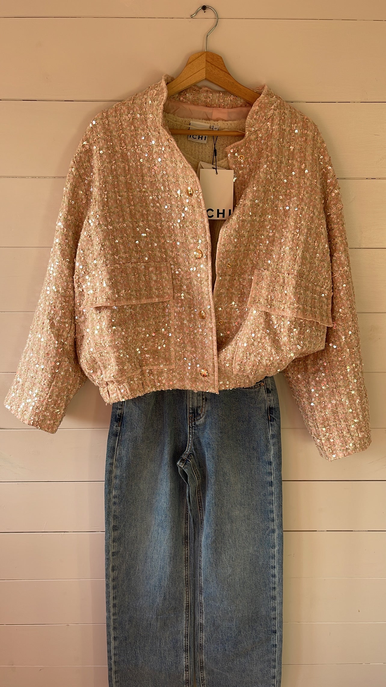 Olivia pink tweed sequin bomber