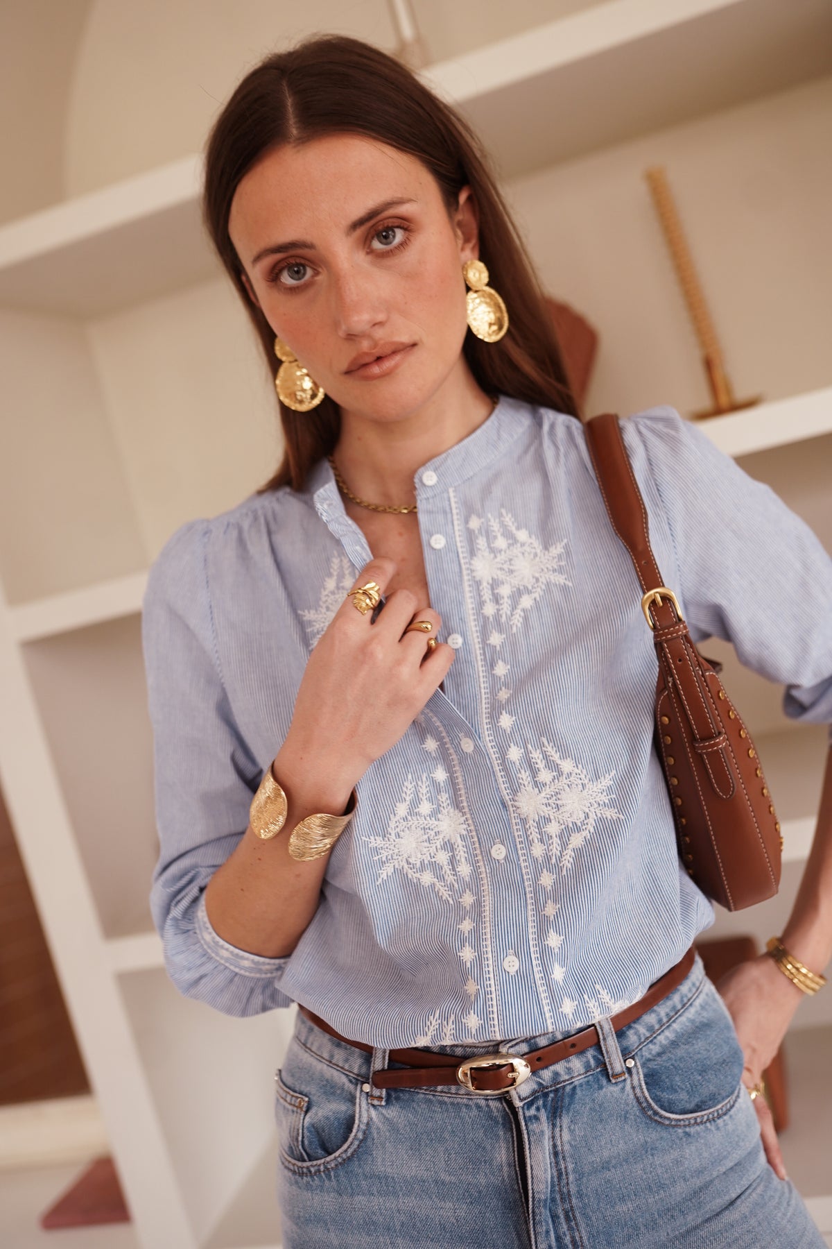 Tara blue striped embroidered blouse