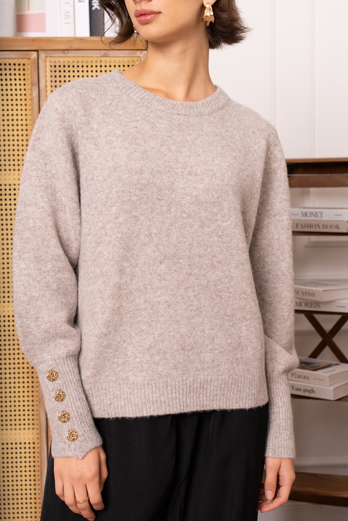 Lauren taupe fluffy jumper with sleeve gold buttons