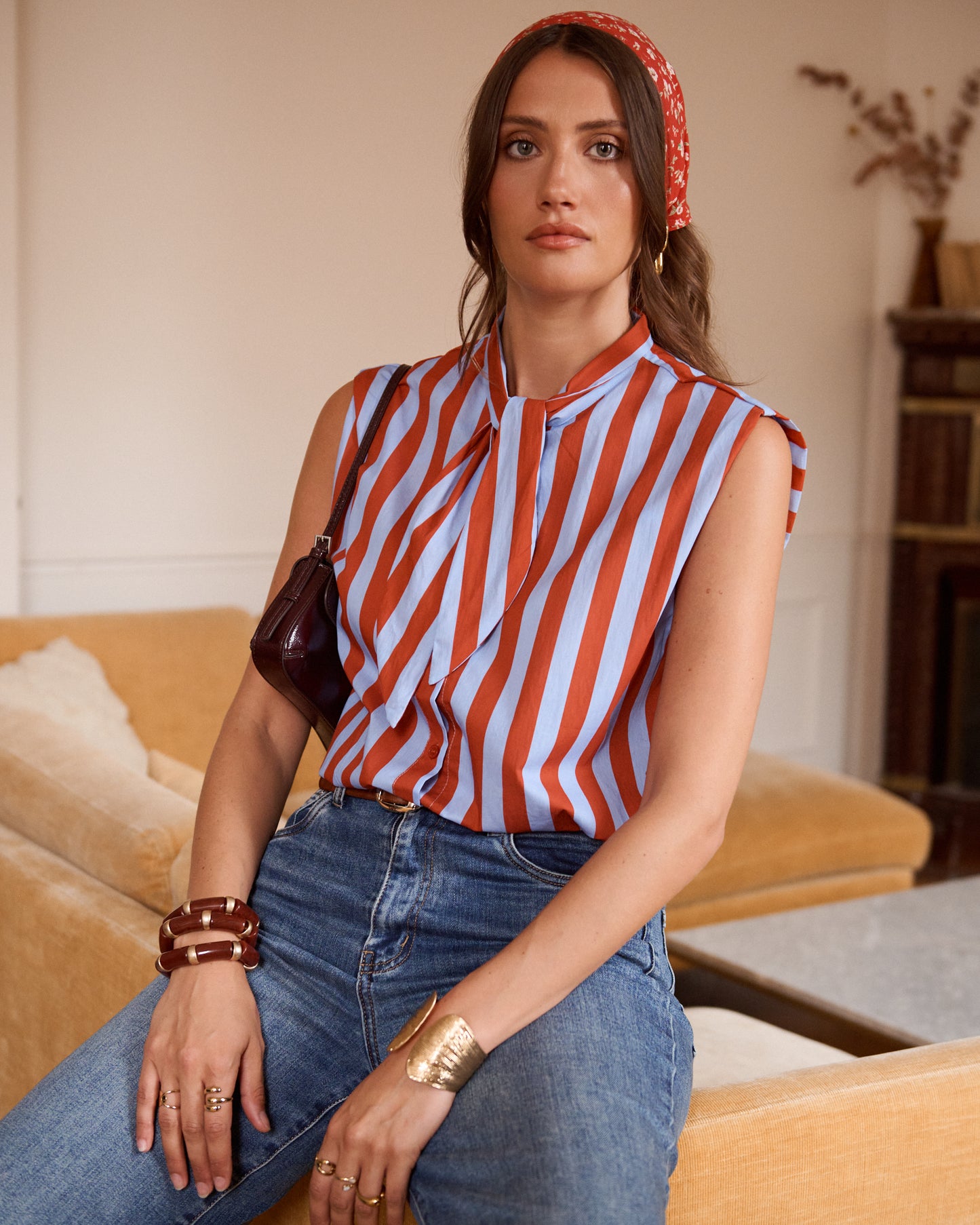 Nora blue & burgundy stripe bow top