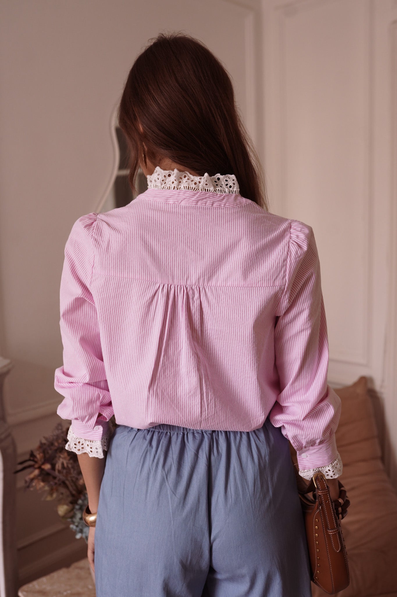 Margot pink stripe lace ruffle blouse