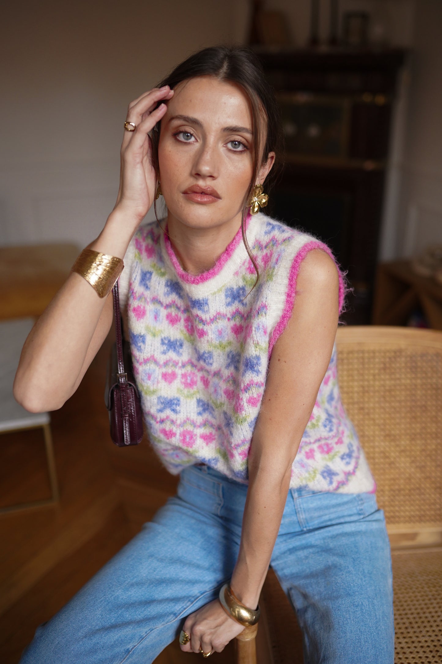 Taylor floral pink knit sleeveless gilet