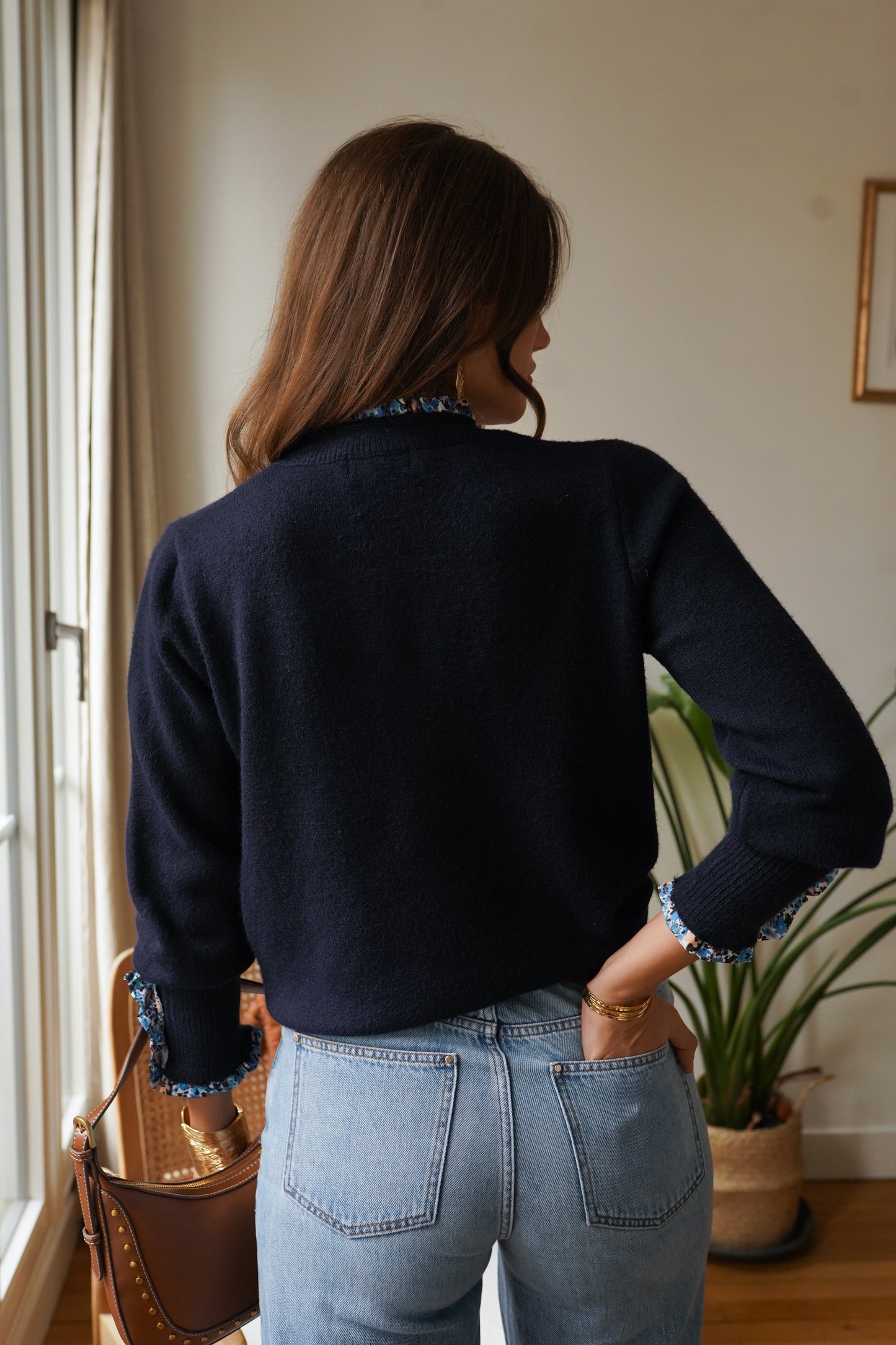 Kim navy jumper with floral trim