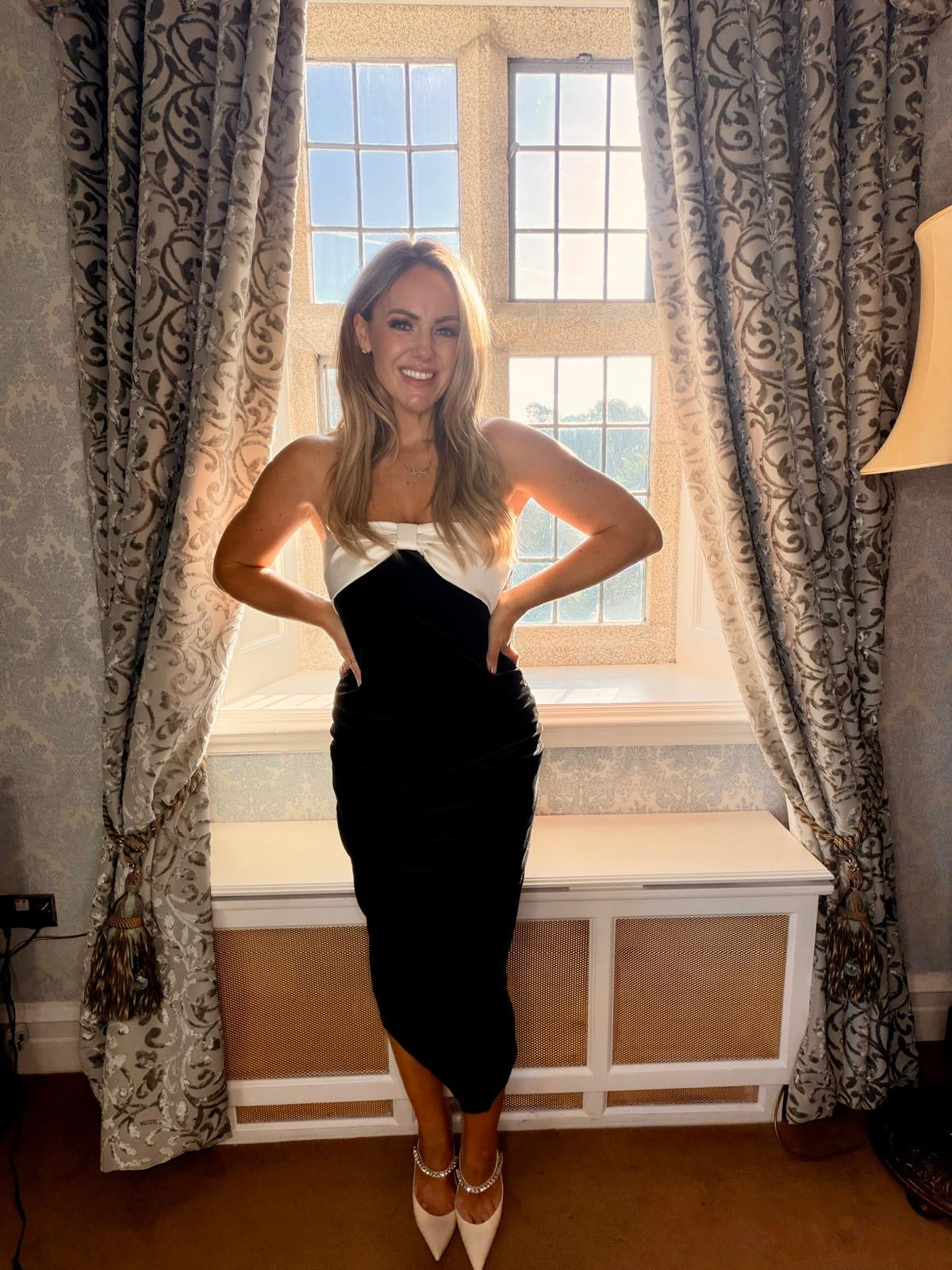 Carrie black strapless dress with cream bow