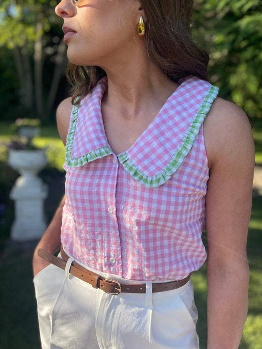 Iggy pink and green Peter Pan gingham blouse