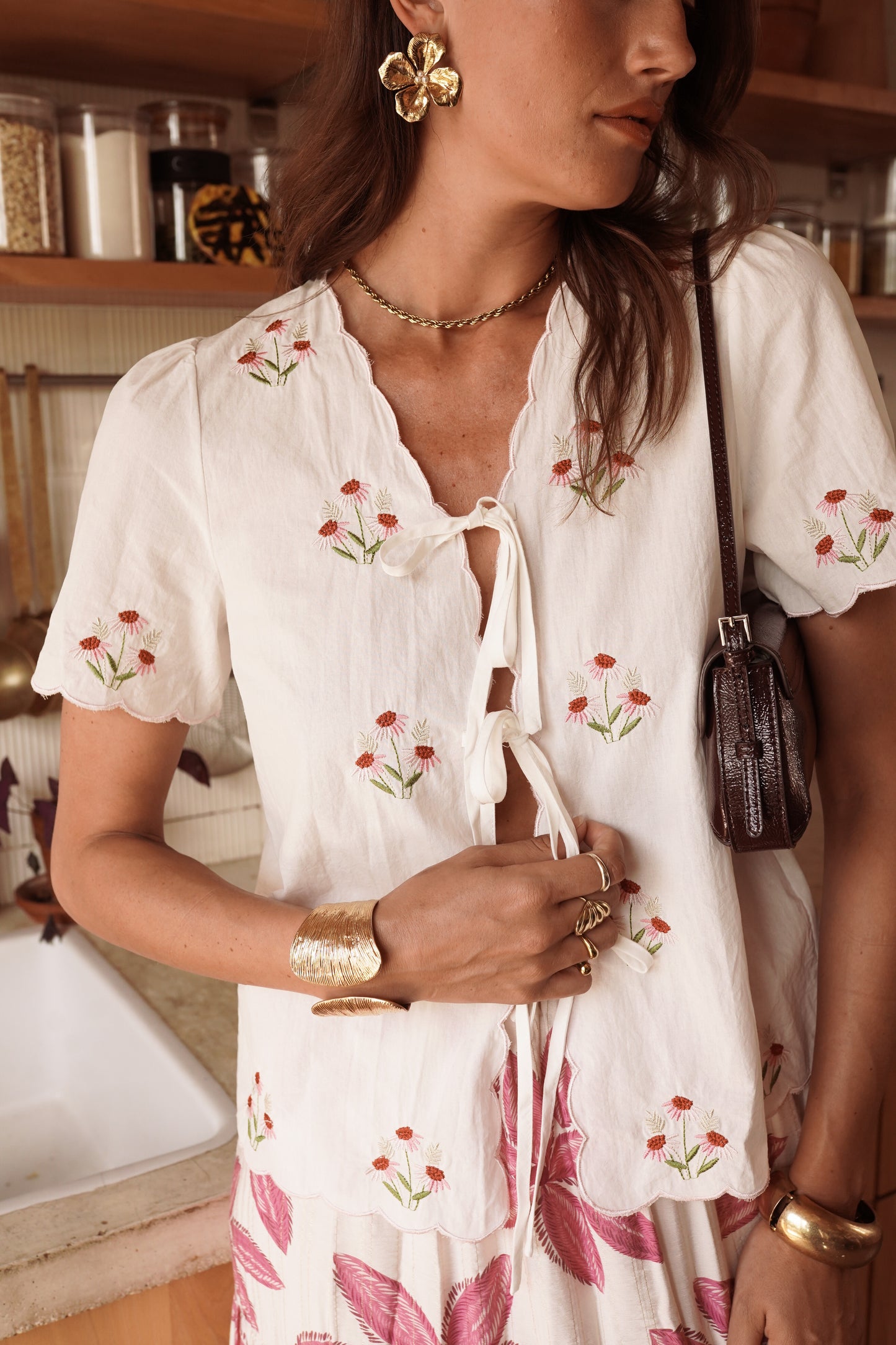 Lena floral tie front white blouse